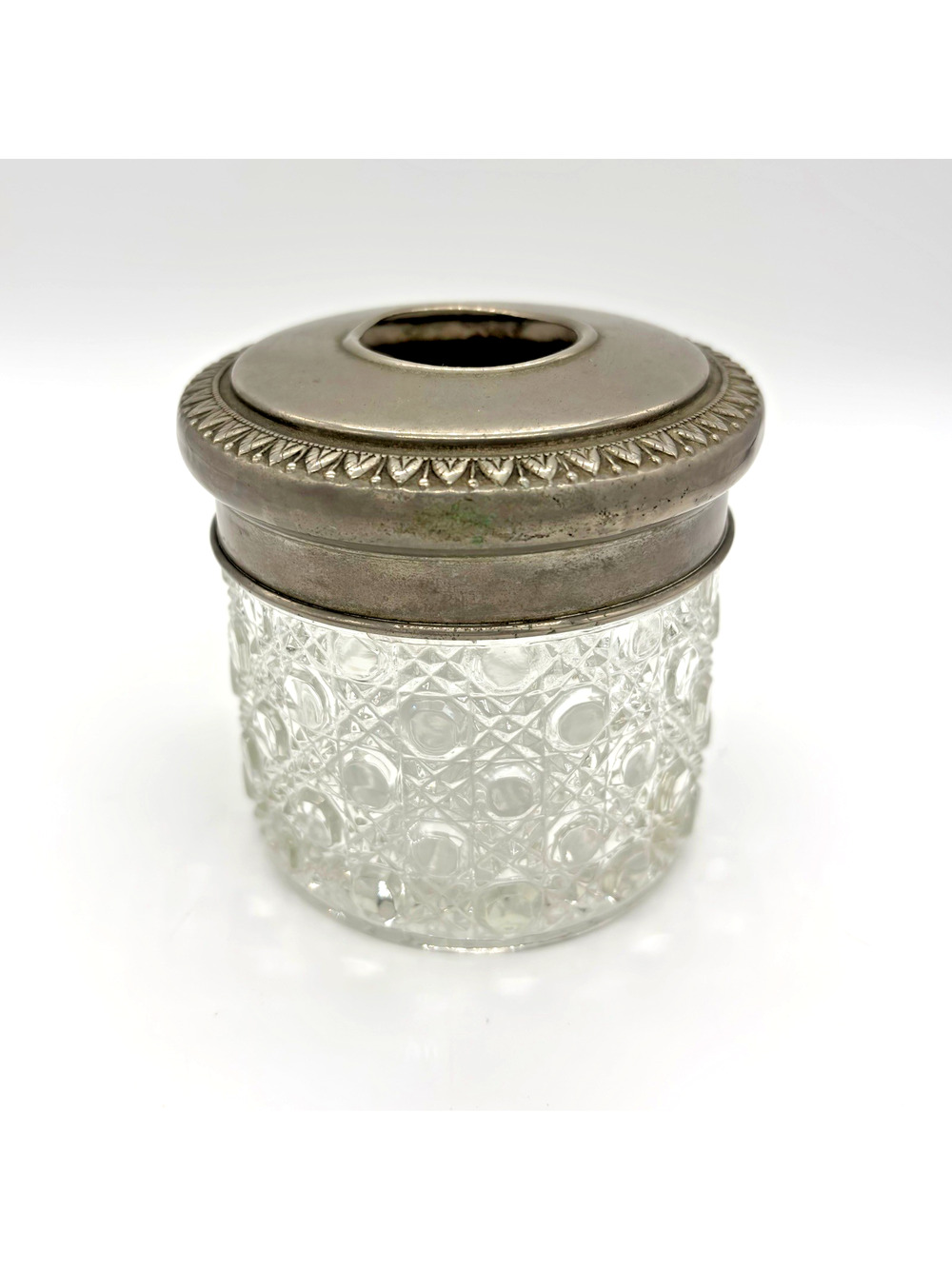 Antique Victorian Jar Hobnail Glass & Silverplate Hair Receiver Apothecary 1910